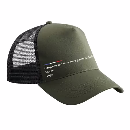 Casquette vert olive noire personnalisée trucker