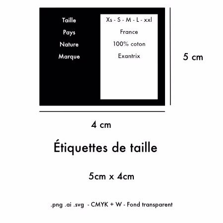 50 Étiquettes pour taille de vêtement en Dtf thermocollant